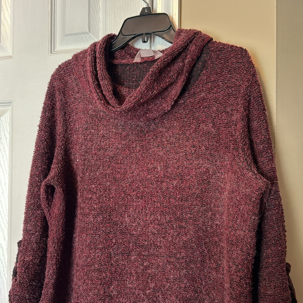 Red Cowl Neck Sweater Asymmetrical Hem with Buttons